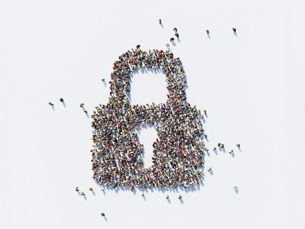 Human Crowd Forming A Lock Symbol: Security and Crowdfunding Concept