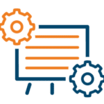 Blue chalkboard with gears on the side representing our course builder tool