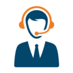 Blue business man icon with orange headset.