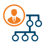 Orange business man icon with blue tree charts coming off them.