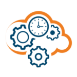 Orange cloud full of gears and clocks representing our ondemand portal.