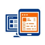 A blue laptop and tablet with orange upon it, representing our relevant courseware.