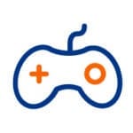 A blue video game controller with orange buttons, representing our game based training.