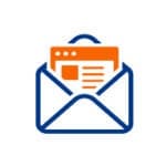 A blue envelope containing an orange webpage letter. Representing our newsletter