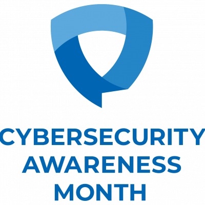 CAM_LOCKUP_VERTICAL_full_color Cybersecurity awareness month blue logo, with the triangular ribbon symbol above the text.