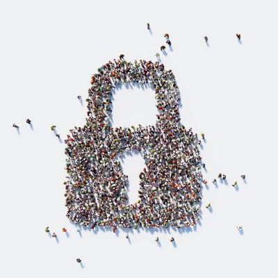 Human Crowd Forming A Lock Symbol: Security and Crowdfunding Concept Human crowd forming a big lock on white background. Horizontal composition with copy space. Clipping path is included. Security and Crowdfunding Concept.